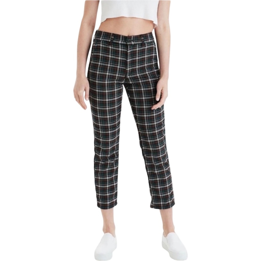 American Eagle Women Green Plaid Crop High Rise Skinny Trouser Pants Size 2 EUC